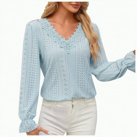 Towmus Womens Blouses V Neck Eyelet Lace Tops with Lining Dressy Sheer Long Sleeve Shirts Embroidered Blouses, Blue, S