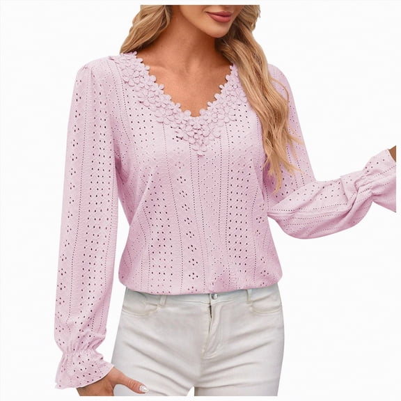 Towmus Womens Blouses V Neck Eyelet Lace Tops with Lining Dressy Sheer Long Sleeve Shirts Embroidered Blouses, Light Pink, L