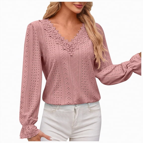 Towmus Womens Blouses V Neck Eyelet Lace Tops with Lining Dressy Sheer Long Sleeve Shirts Embroidered Blouses, Pink, M