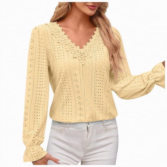 Towmus Womens Blouses V Neck Eyelet Lace Tops with Lining Dressy Sheer Long Sleeve Shirts Embroidered Blouses, Yellow, 2XL