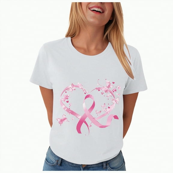 Towmus Womens Breast Cancer Shirts Pink Ribbon Graphic Tees Cute Short Sleeve Tops Dressy Casual Blouse Breast Cancer Survivor Gifts T-shirts