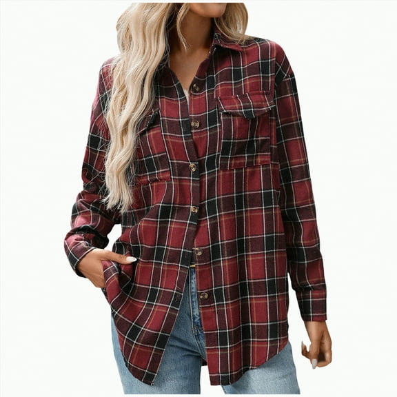 Towmus Womens Button Down Flannel Shirts Plus Size Fashion Long Sleeve Plaid Shackets Business Casual Blouse Tops