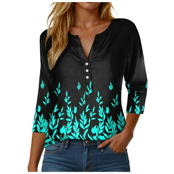 Towmus Womens Button Down Shirts 3/4 Length Sleeve Floral Printed Long Sleeve Blouses Business Work Shirt Dressy Casual Loose Tops