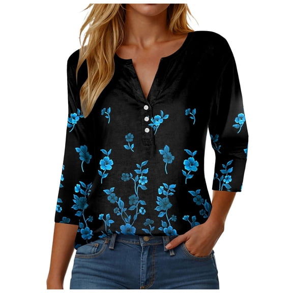 Towmus Womens Button Down Shirts 3/4 Length Sleeve Floral Printed Long Sleeve Blouses Business Work Shirt Dressy Casual Loose Tops