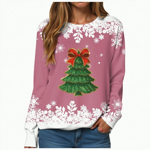 Towmus Womens Casual Long Sleeve Merry Christmas Crewneck Sweatshirt Christmas Tree Bright Graphic Pullover Tops