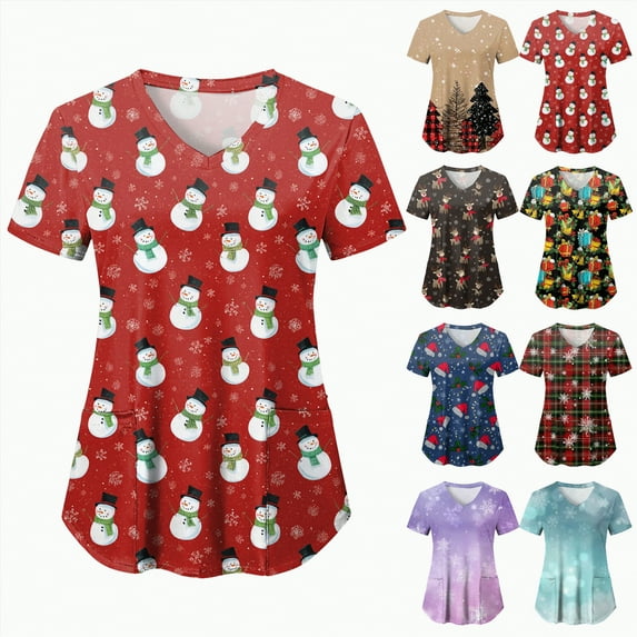 Towmus Womens Christmas Scrub Tops Cute Print V Neck Short Sleeve Shirts Nurse Uniforms Graphic Blouses with Pockets S-3XL