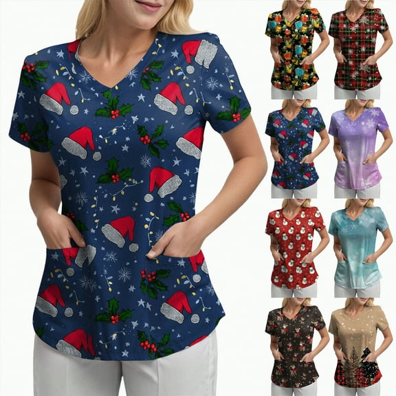 Towmus Womens Christmas Scrub Tops Cute Print V Neck Short Sleeve Shirts Nurse Uniforms Graphic Blouses with Pockets S-3XL