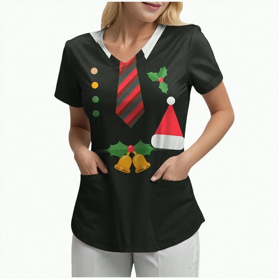 Towmus Womens Christmas Scrub Tops Funny Print V Neck Short Sleeve Shirts Stretch Anti Wrinkle Nursing Uniform with Pockets