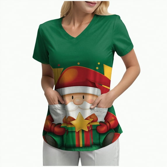 Towmus Womens Christmas Scrub Tops Funny Print V Neck Short Sleeve Shirts Stretch Anti Wrinkle Nursing Uniform with Pockets