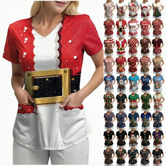 Towmus Womens Christmas Scrub Tops Funny Print V Neck Short Sleeve Shirts Stretch Anti Wrinkle Nursing Uniform with Pockets