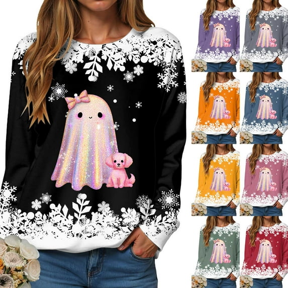 Towmus Womens Christmas Sweatshirts Cute Ghost Long Sleeve Pumpkin Graphic Clothes Halloween Sweatshirt Fall Pullover for Women