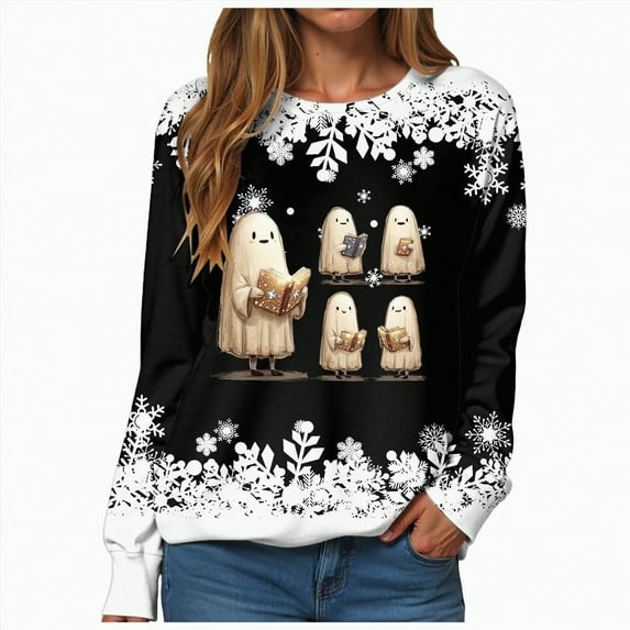 Towmus Womens Christmas Sweatshirts Cute Ghost Long Sleeve Pumpkin Graphic Clothes Halloween Sweatshirt Fall Pullover for Women