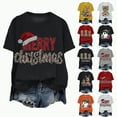 thumbnail image 1 of Towmus Womens Crew Neck Short Sleeve Merry Christmas T-Shirts Santa Hat Bright Graphic Tee Fall Holiday Tops, Black, L, 1 of 7