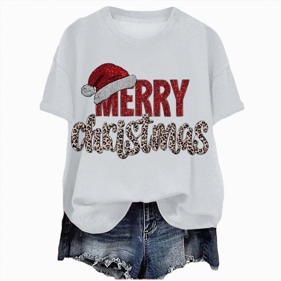 Towmus Womens Crew Neck Short Sleeve Merry Christmas T-Shirts Santa Hat Bright Graphic Tee Fall Holiday Tops, White, XL