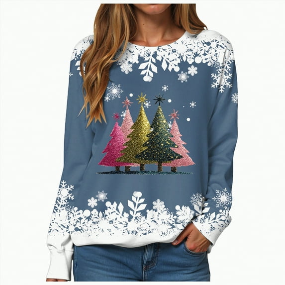 Towmus Womens Crewneck Long Sleeve Merry Christmas Graphic Sweatshirts Christmas Tree Bright Graphic Pullover Tops