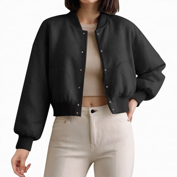 Towmus Womens Cropped Bomber Jacket Wool Blend Varsity Short Pea Coats Long Sleeve Button Down Winter Casual Outerwear