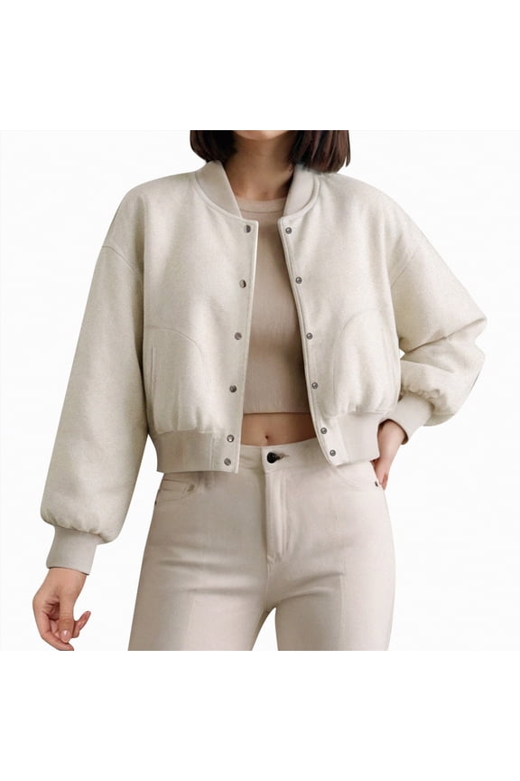 Womens Cropped Bomber Jacket Wool Blend Varsity Short Pea Coats Long Sleeve Button Down Winter Casual Outerwear