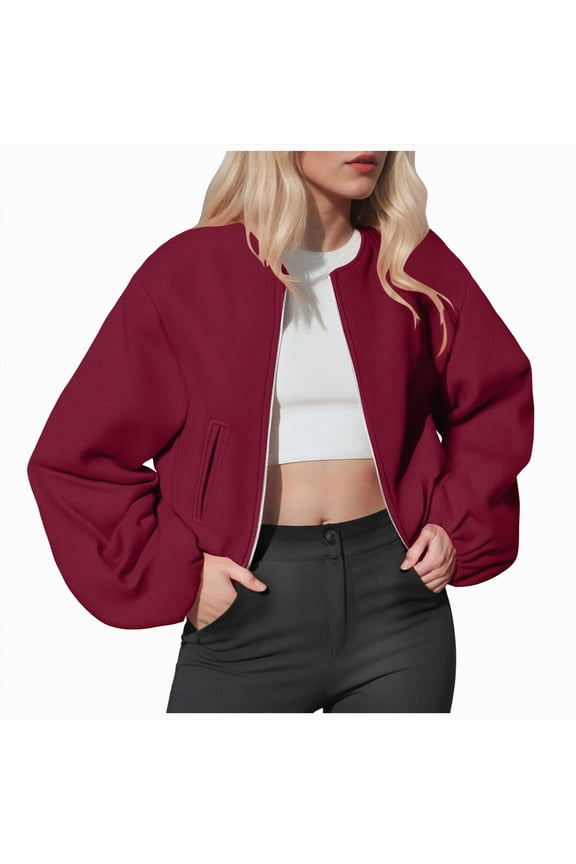 Womens Cropped Wool Jacket Warm Winter Fleece Bomber Jackets Zip Up Short Pea Coats with Pockets
