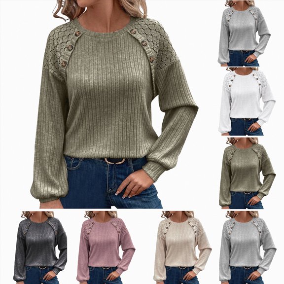 Towmus Womens Fall Long Sleeve Tunic Tops Casual Crew Neck Dressy Shirt Lace Patchwork Blouses Pullover Sweaters