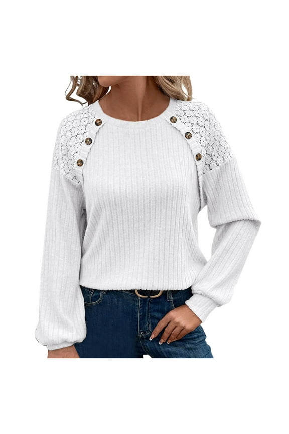 Womens Fall Long Sleeve Tunic Tops Lace Patchwork Blouses Pullover Sweaters Casual Crew Neck Dressy Shirts