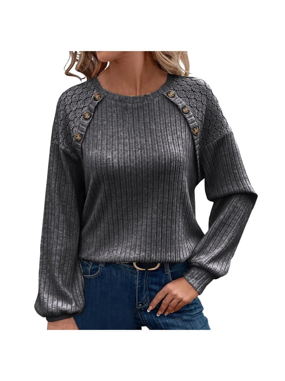 Womens Fall Long Sleeve Tunic Tops Lace Patchwork Blouses Pullover Sweaters Casual Crew Neck Dressy Shirts