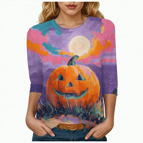 Towmus Womens Fall Shirts Halloween V Neck 3/4 Length Sleeve Pumpkin T-Shirts Thanksgiving Graphic Tee Tops