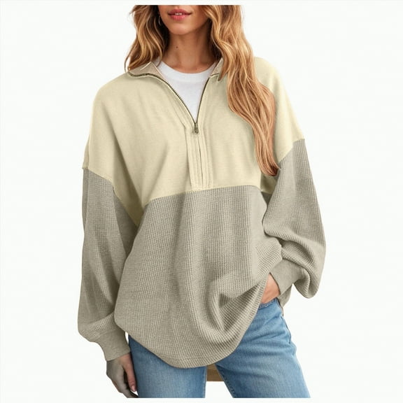 Towmus Womens Fall Sweatshirt Casual Waffle Knit Half Zip Pullover Loose Long Sleeve Tops