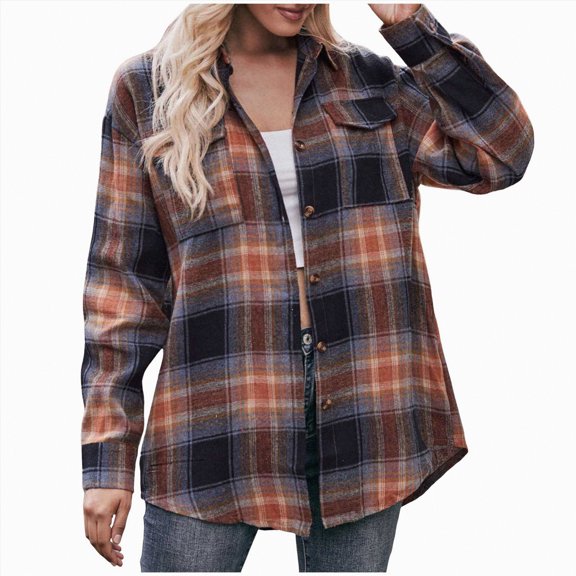 Towmus Womens Flannel Plaid Shirts Oversized Lightweight Long Sleeve Lapel Buffalo Plaid Button Down Shirt Blouse Tops
