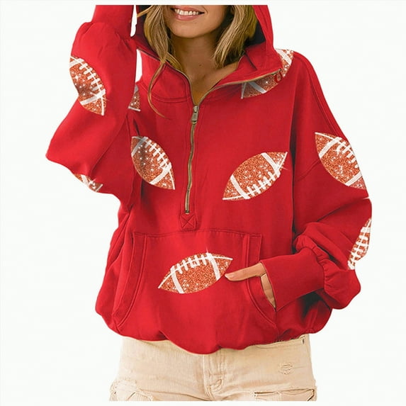 Towmus Womens Game Day Sweatshirts Football Sequin Hoodies Fall Outfits Long Sleeve Zipper Sweaters with Pocket