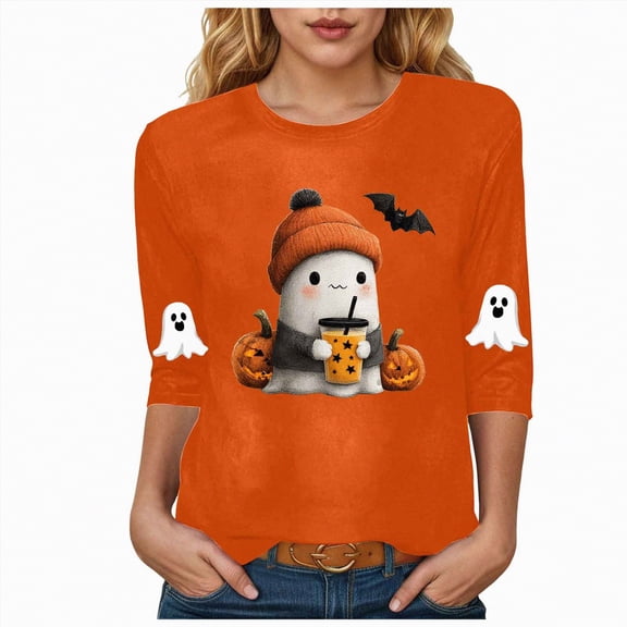 Towmus Womens Halloween Shirts Cute Ghosts Graphic Crewneck 3/4 Sleeve Tops Elbow Length Print Tees
