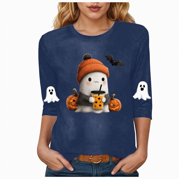 Towmus Womens Halloween Shirts Cute Ghosts Graphic Crewneck 3/4 Sleeve Tops Elbow Length Print Tees