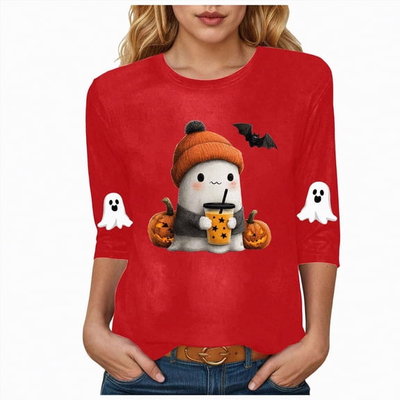 Towmus Womens Halloween Shirts Cute Ghosts Graphic Crewneck 3/4 Sleeve Tops Elbow Length Print Tees