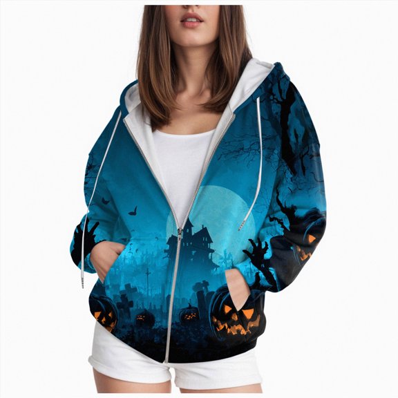 Towmus Womens Halloween Zip Up Hoodies Pumpkin Face Graphic Long Sleeve Funny Pullover Funny Pullover Cute Fall Oversized Hoodied , Basic Tops