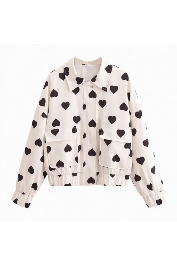 Womens Heart Printed Jacket Tops Long Sleeve Collar Zipper Coats Fall Streetwear Bomber Jacket with Pocket 2025
