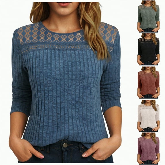 Towmus Womens Lace Long Sleeve Shirts Fall Tops Fashion Dressy Casual Lightweight Sweaters Mesh Clothes Trendy Fall Outfits
