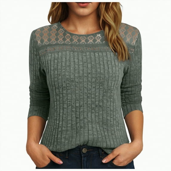Towmus Womens Lace Long Sleeve Shirts Fall Tops Fashion Dressy Casual Lightweight Sweaters Mesh Clothes Trendy Fall Outfits
