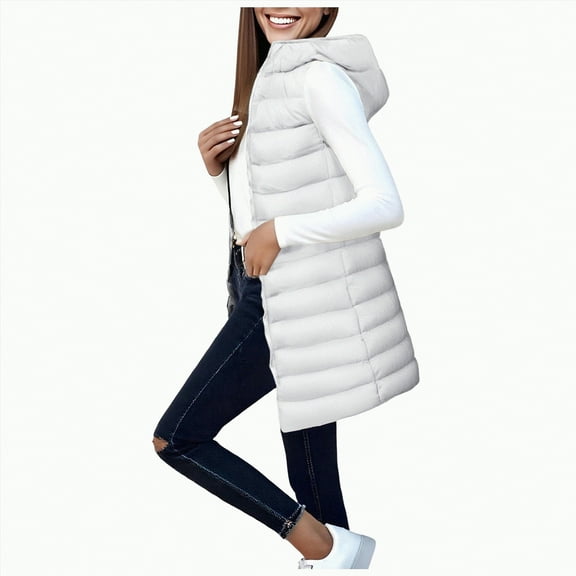 Towmus Womens Long Puffer Vest Full-Zip Sleeveless Hooded Puffy Jackets Winter Warm Padded Down Jacket Oversized Outerwear Vests with Pockets