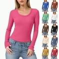 thumbnail image 1 of Towmus Womens Long Sleeve Scoop Neck Ribbed Knit Fitted Casual Tops Tee Slim Basic Shirts, Hot Pink, M, 1 of 6
