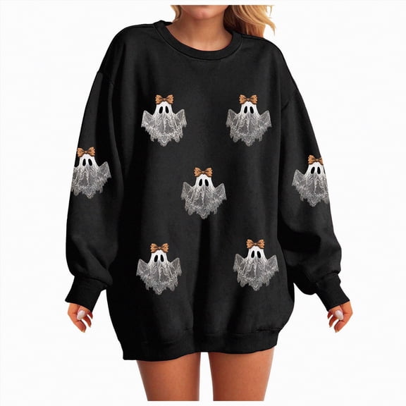 Towmus Womens Long Sleeve Shirts 2025 Halloween Oversized White Ghost Sweatshirts Fall Printed Pullover Tops
