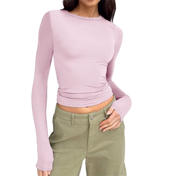 Towmus Womens Long Sleeve Shirts Crop Tops Crew Neck Going Out Basics Tees Trendy Winter Clothes