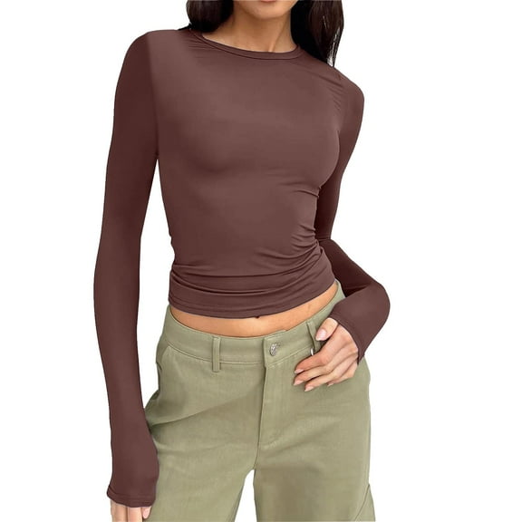 Towmus Womens Long Sleeve Shirts Crop Tops Crew Neck Going Out Basics Tees Trendy Winter Clothes