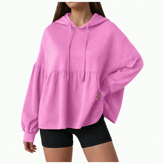 Towmus Womens Oversized Hoodies Sweatshirts Casual Lantern Long Sleeve Drawstring Peplum Hem Loose Hooded Pullover Tops