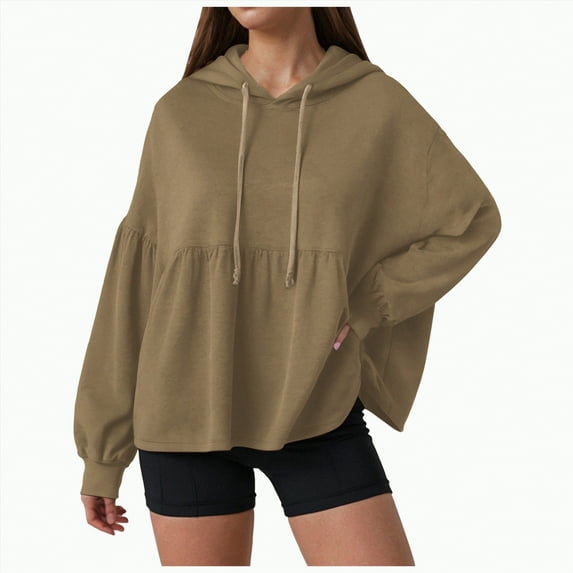 Towmus Womens Oversized Hoodies Sweatshirts Casual Lantern Long Sleeve Drawstring Peplum Hem Loose Hooded Pullover Tops