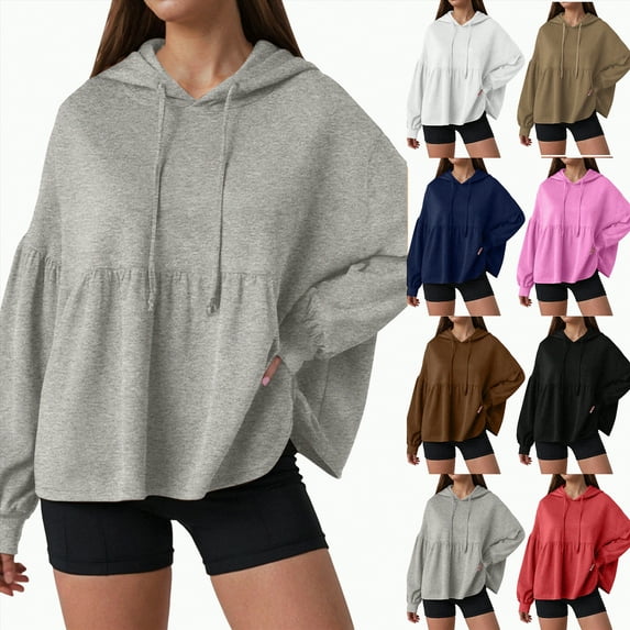 Towmus Womens Oversized Hoodies Sweatshirts Casual Lantern Long Sleeve Drawstring Peplum Hem Loose Hooded Pullover Tops