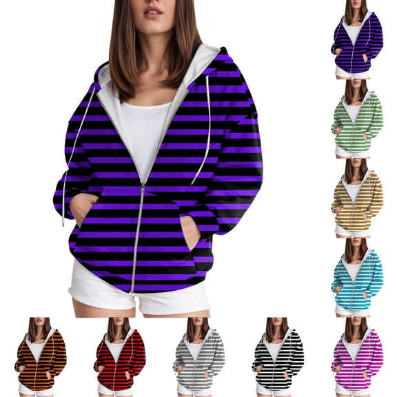 Towmus Womens Oversized Striped Sweatshirt Zip Up Hoodies for Women Long Sleeve Casual Hooded Neck Trendy with Pockets for Fall Winter