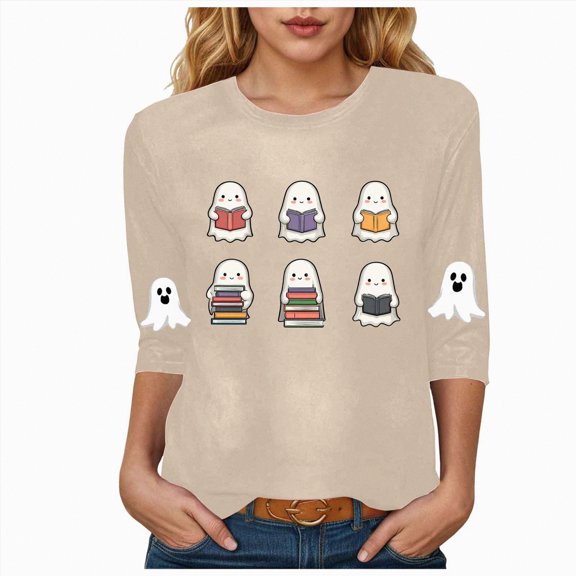 Towmus Womens Plus Size Blouses 3/4 Sleeve Crew Neck Halloween Graphic Tops Casual Graphic Dressy Shirts