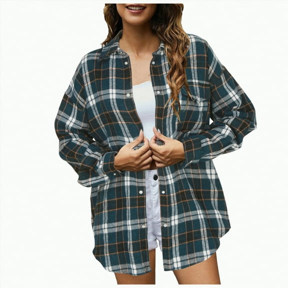 Towmus Womens Plus Size Button Down Flannel Shirts Long Sleeve Plaid Shackets Business Casual Blouse Top