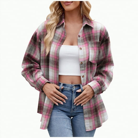 Towmus Womens Plus Size Flannel Shirts Plaid Shirts Long Sleeves Casual Button Down Collared Lightweight Winter Fall Pullover Tops