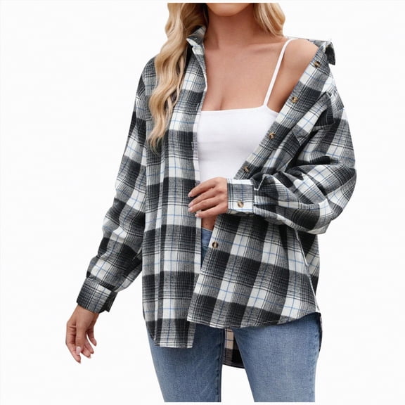 Towmus Womens Plus Size Flannel Shirts Plaid Shirts Long Sleeves Casual Button Down Collared Lightweight Winter Fall Pullover Tops