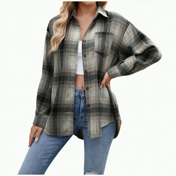 Towmus Womens Plus Size Flannel Shirts Plaid Shirts Long Sleeves Casual Button Down Collared Lightweight Winter Fall Pullover Tops
